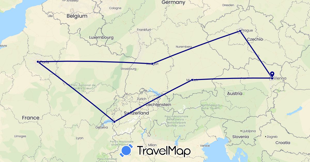 TravelMap itinerary: driving in Austria, Switzerland, Czech Republic, Germany, France (Europe)